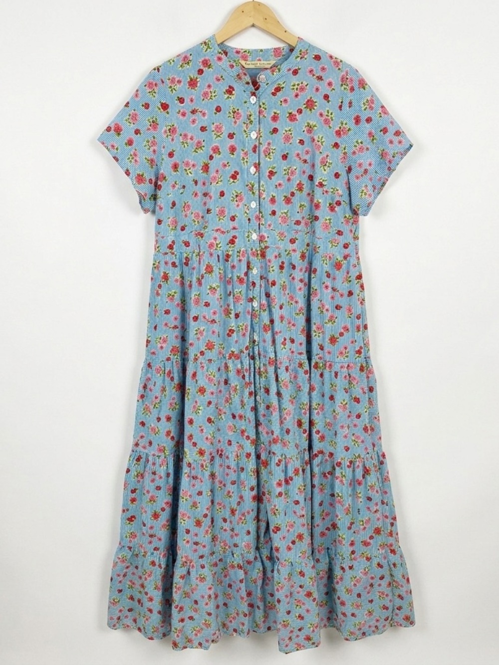 eShakti Wayward Fancies Cotton Tiered Maxi Dress Floral Stripe Pockets Prairie
